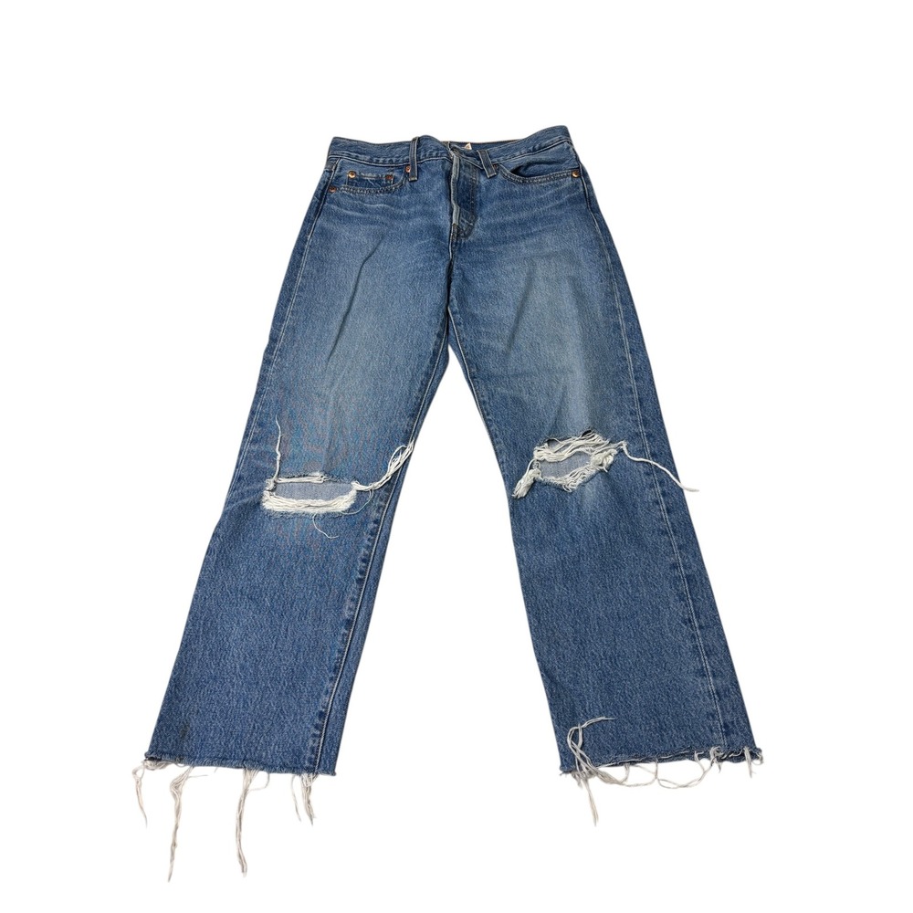 Levis Premium Big E Wedgie Straight Distressed Jeans Blue Womens 26x24